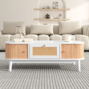 Retro Soffbord med Skjutdörrar och Rottingdetaljer - 110x55x38,5 cm