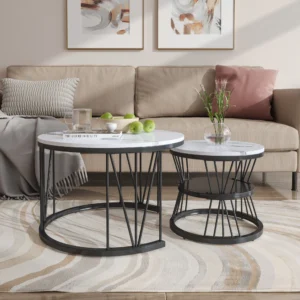 2-i-1 Runda Soffbord/Sidobord – Ø 70 och 45 cm - Svart och Vit