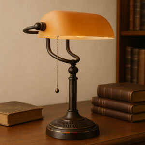 Unik Retro Bankirlampa i Matt Bärnstensfärgat Glas med Dragströmbrytare