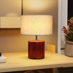 Robust Bordslampa i Trä och Linne – Perfekt för Sovrum och Läshörna