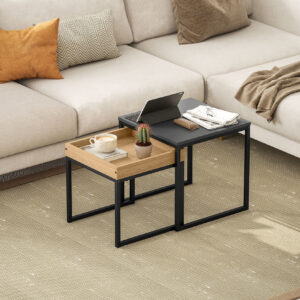 2-i-1 Modernt Soffbord/Sidobord – Ek och Svart Stålram - 45 & 40 cm