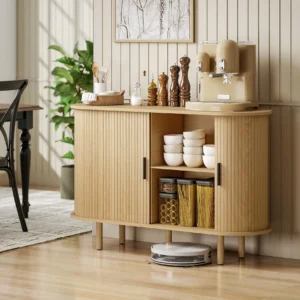 Retro Skåp med Skjutdörrar i Ekfinish & 4 Fack - Ribbad Design