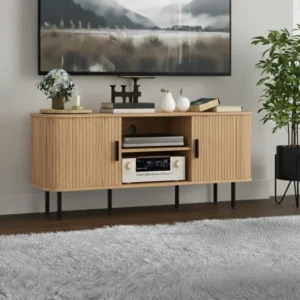 Retro Vintage TV-bänk med Skjutdörrar i Ekfinish - 120 cm