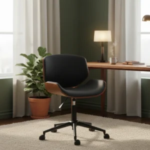 Retro Skrivbordsstol i Böjt Trä och Läder - Svart och Valnötsbrun