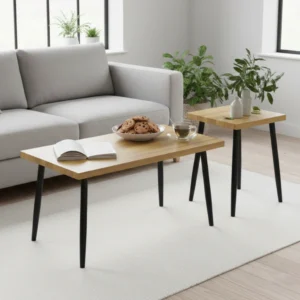 Elegant Soffbordsset i 2 Delar - Trä och Svarta Metallben