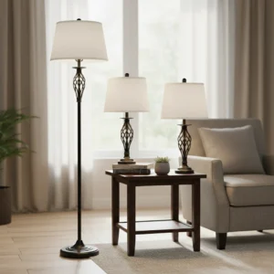 Vintage 3-delade Lamp­set – Golvlampa och 2 Bordslampor med Tygskärm