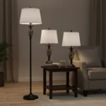 Vintage 3-delade Lamp­set – Golvlampa och 2 Bordslampor med Tygskärm