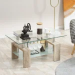 Modernt Soffbord i Härdat Glas och Träfinish i Naturton - 90x50x42 cm