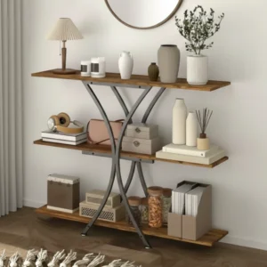 Industriellt Konsolbord i Rustik Trälook med X-metallram - 110x91 cm