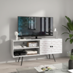 Modern TV-bänk i Vit Finish med Skåp & Öppna Hyllor - 145 cm