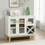 Elegant Skänk med Glasdörrar och Flaskställ - Vit/Trä - 90x37x75 cm