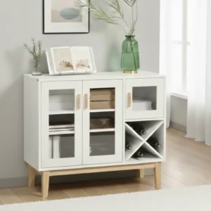 Elegant Skänk med Glasdörrar och Flaskställ - Vit/Trä - 90x37x75 cm