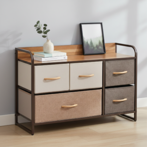 Modern Byrå med Tygklädda Lådor i Naturtoner – 87,5x29x58 cm