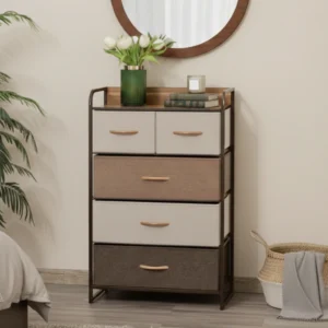 Modern Smal Byrå med Tygklädda Lådor i Naturtoner – 58x29x99 cm