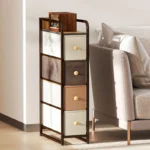 Modern Smal Byrå med Tygklädda Lådor i Naturtoner – 47x20x84,5 cm