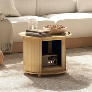 Elegant Runt Soffbord i Bambu med Skjutdörr och Förvaring – Ø60 cm