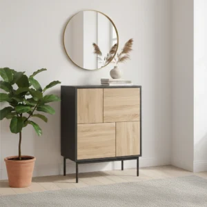 Modern Byrå med 4 Stängda Fack – Push-to-Open I Svart och Natur