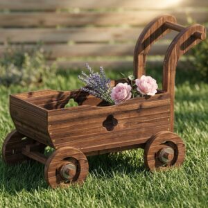 Rustik Vagnformad Planteringslåda i Trä med 4 Hjul - 68x38x52 cm
