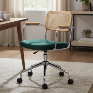 Retroinspirerad Skrivbordsstol i Rotting med Grön Sammetsklädd Sits