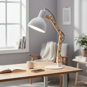 Vintage Skrivbordslampa i Bambu – Justerbar Arm, Vit/Natur