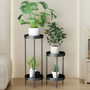 Set med 2 Runda Växtställ i Metall – Stilren Blomsterpiedestal för Inomhusbruk