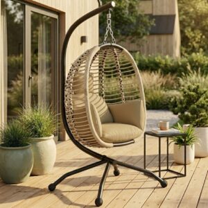 Hängstol med Stativ – Hopfällbar Design med Extra Tjock Dyna – Inom- och Utomhus – Naturfärgad