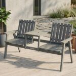 Trädgårdsbänk i Massivt Trä med Integrerat Bord – 2-Sits – 152 cm – Grå