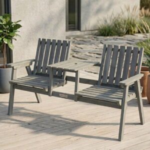 Trädgårdsbänk i Massivt Trä med Integrerat Bord – 2-Sits – 152 cm – Grå