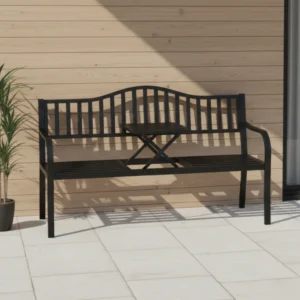 2-sits Trädgårdsbänk i Metall med Utdragbart Bord – 150 cm, Svart