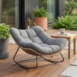 Stor Gungande Loungefåtölj i Konstrotting – Extra Tjock Dyna – För Inomhus och Utomhus – Grå