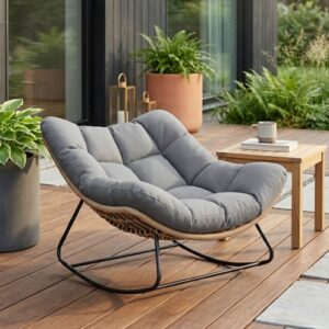 Stor Gungande Loungefåtölj i Konstrotting – Extra Tjock Dyna – För Inomhus och Utomhus – Grå