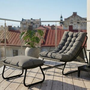 Stilren Loungestol med Fotpall – 13 cm Tjock Dyna – Mörkgrå