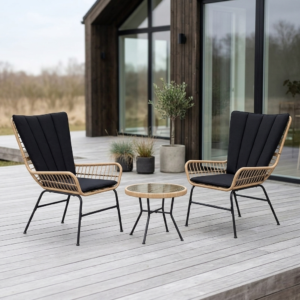 Elegant Rotting Sittgrupp med Dynor för Balkong och Terrass – 2 Fåtöljer och Bord