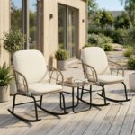 Gungstolsset i Rotting 3-delar – 2 Gungstolar med Dynor & Bord för Uteplats