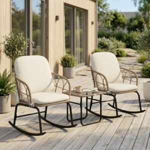 Gungstolsset i Rotting 3-delar – 2 Gungstolar med Dynor & Bord för Uteplats