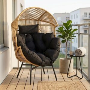 Äggformad Rottingfåtölj för Inom- och Utomhusbruk – Med Tjock Dyna & Nackkudde – Natur / Svart