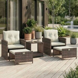 5-Delad Trädgårdssittgrupp i Konstrotting med Fåtöljer, Fotpallar och Bord