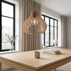Elegant Taklampa i Naturligt Trä – Skulptural Droppformad Design