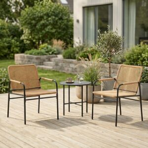 Elegant Bistro Sittgrupp för Balkong och Terrass – 2 Stolar och Bord – Naturfärgad Rotting