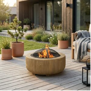 Rustik Rund Eldstad i Metall med Träeffekt – Ø61,5 cm - För Trädgård & Terrass