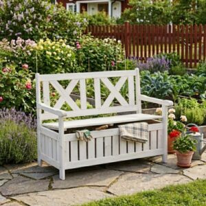 Rustik 2-sits Trädgårdsbänk med Förvaring – Massivt Granträ – Vit – 115 x 61 x 85 cm