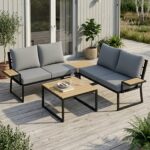 Elegant Loungeset i 4 Delar för 4 Personer – Modulärt Trädgårdsmöbelset med 2 Soffor och Bord – Teaklook