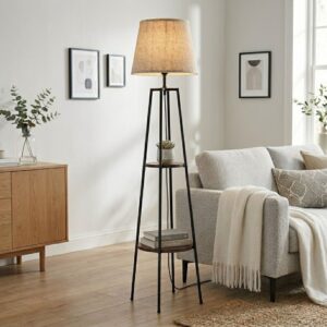 Unik Golvlampa med Hyllor – Stilren Belysning med Förvaring i Trä & Metall - 166 cm