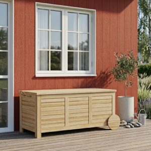 Rustik Förvaringsbox i Trä med Hjul och Sittlock – 185 L - Dynbox för Trädgård & Balkong – 110 cm