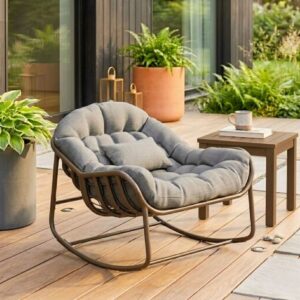 Stor Gungande Loungefåtölj i Konstrotting – 15cm Tjock Dyna – För Inomhus och Utomhus – Grå