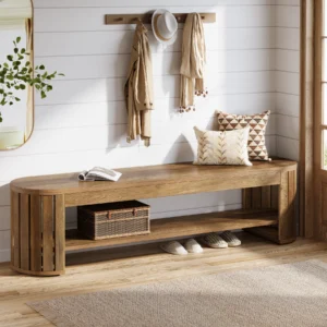 Elegant Skobänk i Trä med Förvaring – 160 cm – Stilren Hallbänk i Naturfinish