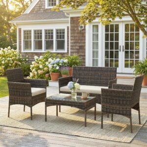 Komplett Loungegrupp i Konstrotting för 4 Personer – Soffa, Fåtöljer & Soffbord – Brun & Beige